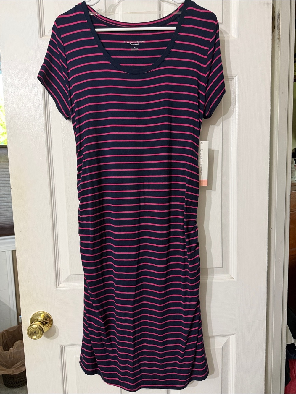Maternity Striped Navy and Pink Casual T-Shirt Dress